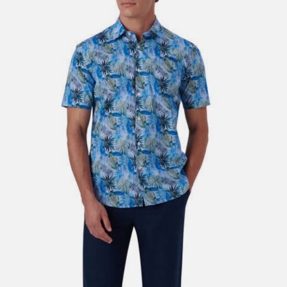 BUGATCHI Classic Fit Print Stretch Cotton Short Sleeve Button-Up Shirt